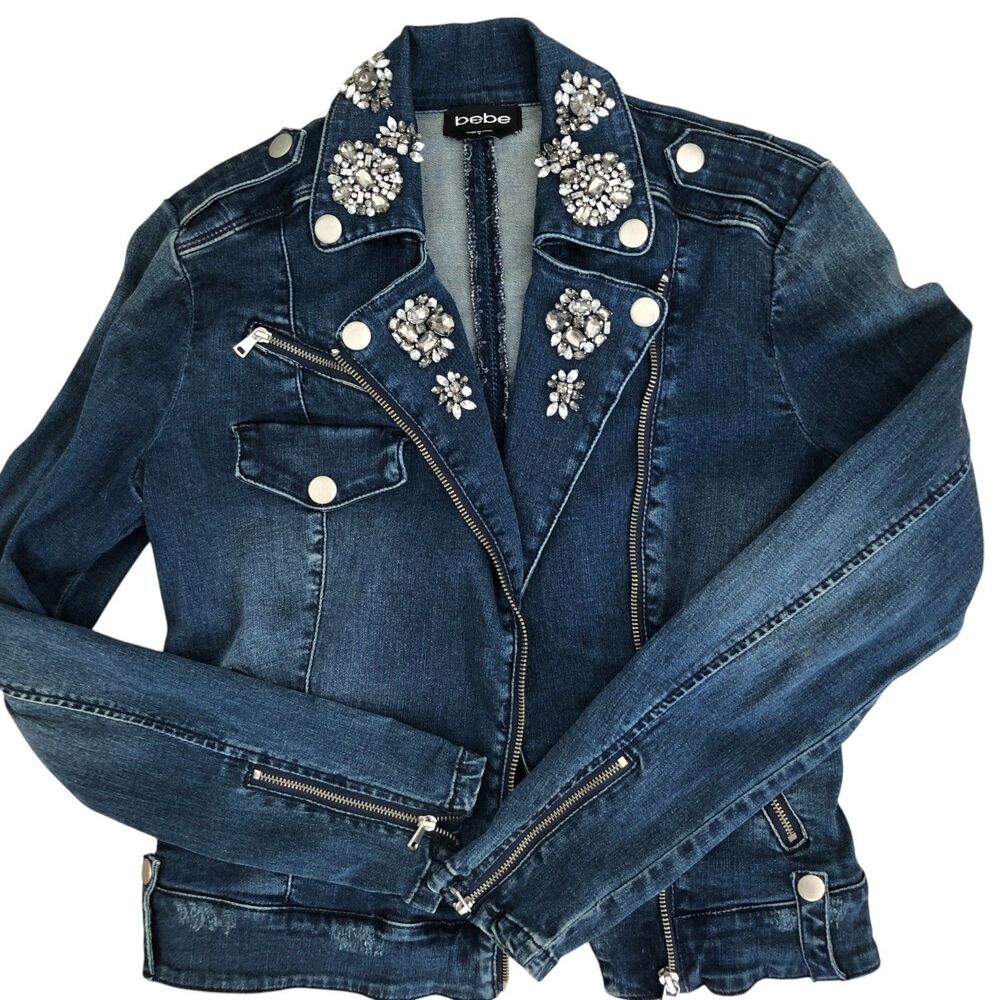 Bebe Rhinestone Embellished Stretchy Retro Y2K Denim‎ Moto Jacket Size S - Picture 3 of 14